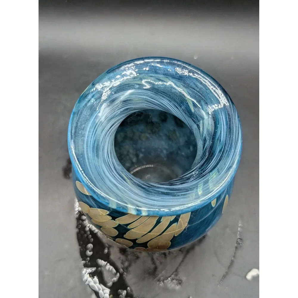 Hand Blown Blue Art Glass Vase Swirl Pebble Pattern Metallic Accents Artisan 6